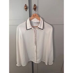 Koret Womens Ivory White Button Up Blouse Floral Embroidery Velvet Trim Size 12